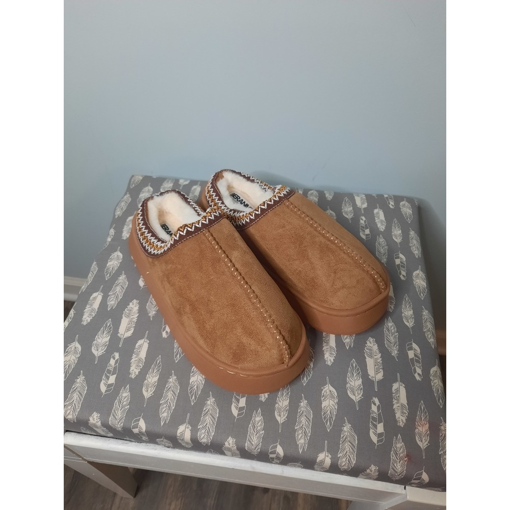 Beranmey Chestnut Brown Platform Slippers Faux Fur Lined Tasman Braid US 7-8